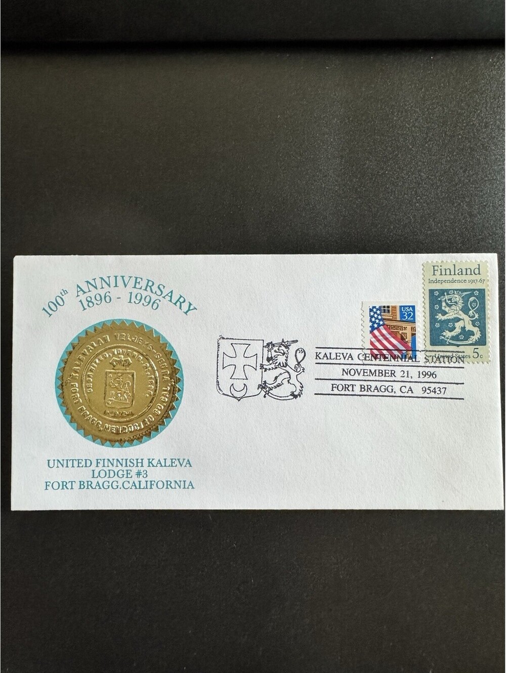 1996 100th Anniversary United Finnish Kaleva Lodge #3 Envelope Stamp